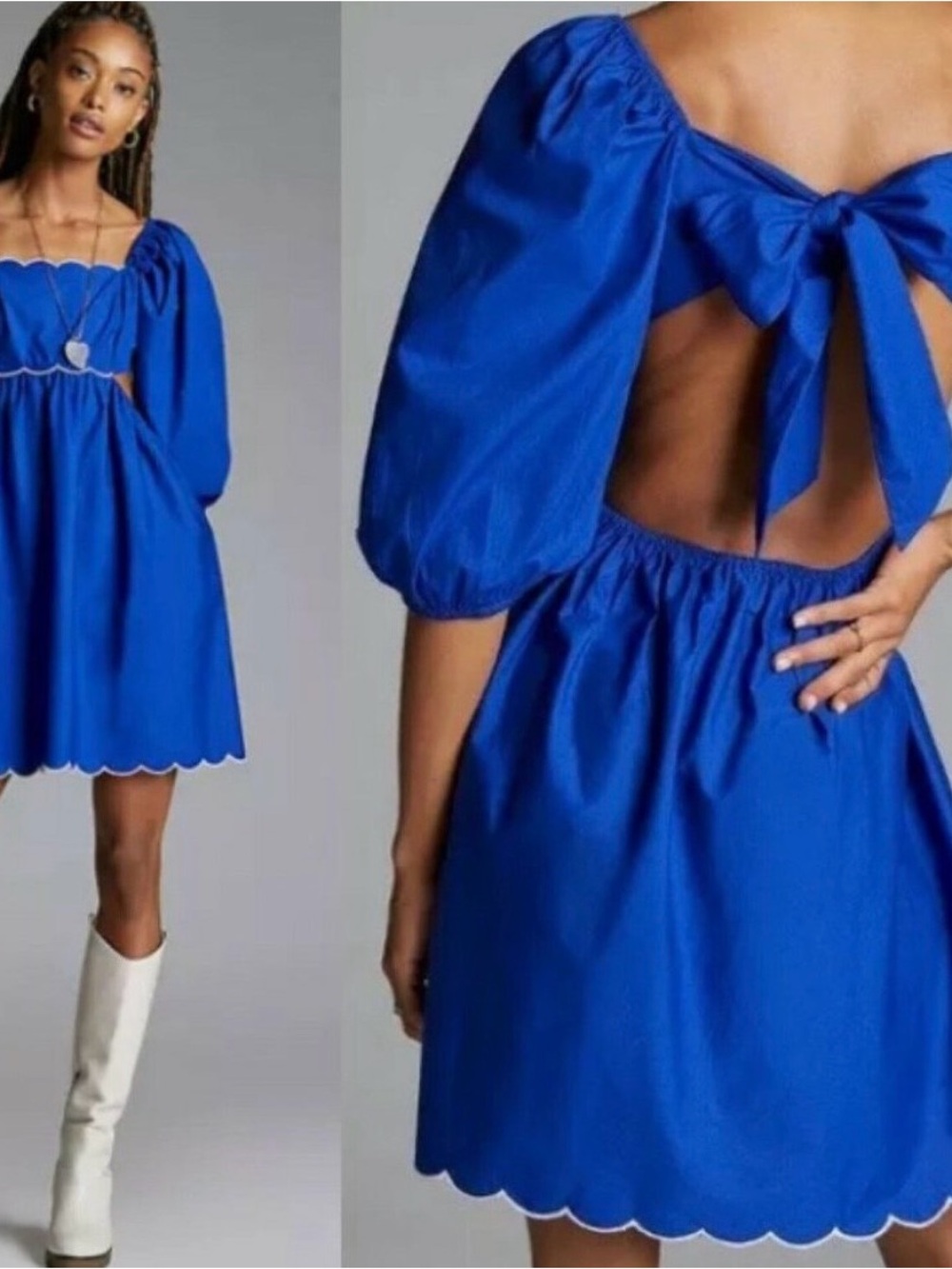 Anthropologie Scalloped Mini Dress XS HTF $160 Blue Open Back Puff Sleeves